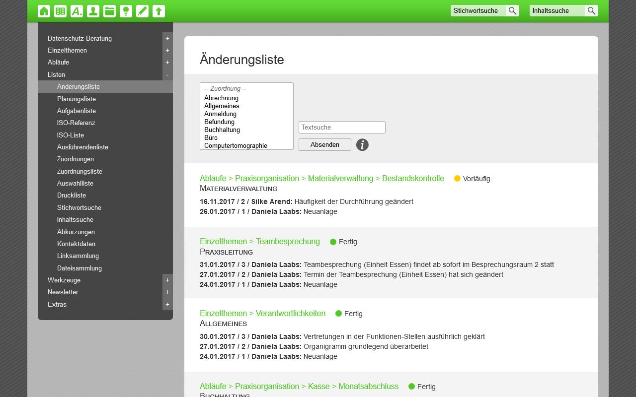 Die Änderungsliste des Organisationssystems Effizienz-Lotse aktualisiert sich automatisch