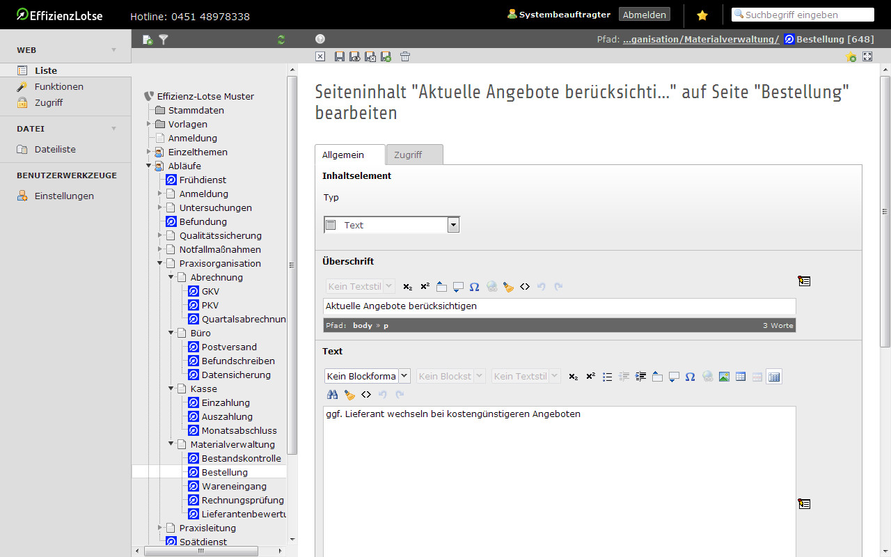 Bearbeitungsansicht des Effizienz-Lotsen, das sogenannte Backend von TYPO3