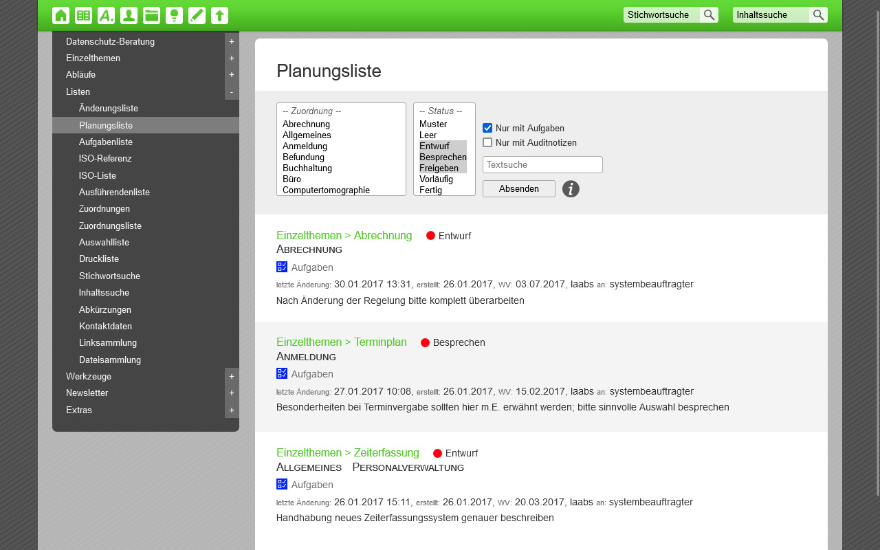 Planungsliste im Organisationssystem Effizienz-Lotse